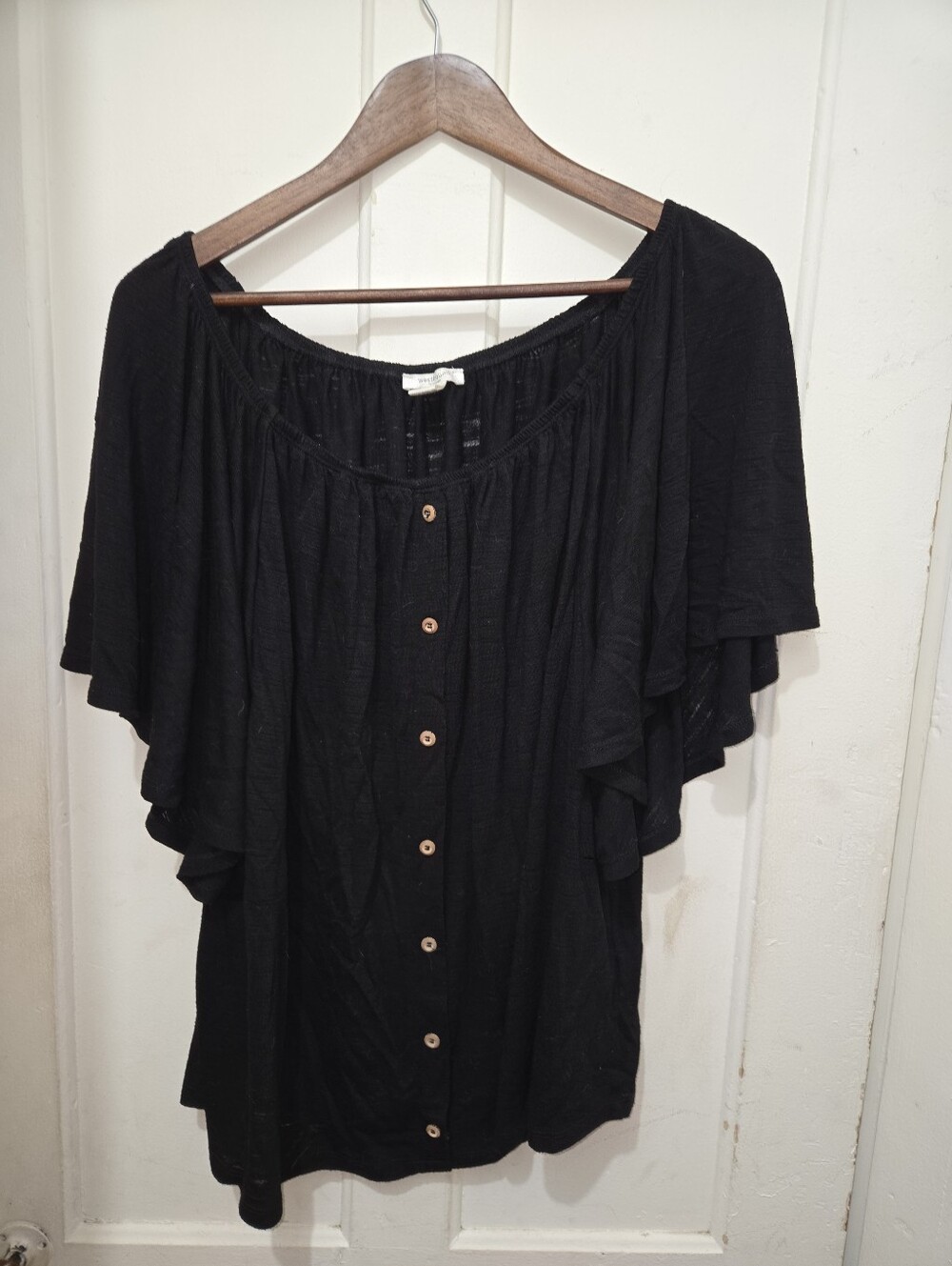 Westbound Black Button-Front Ruffle Sleeve Top 2X-3X